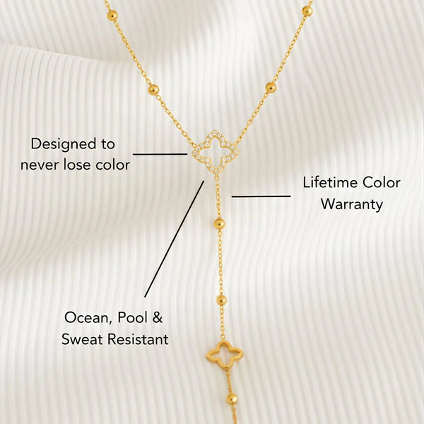 Clover Lariat Necklace on white with labelled details – size and material details