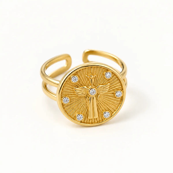 Guardian Angel Coin Ring – waterproof open ring for women, winged sunburst coin with six stones on an open band, anti-tarnish 18K gold PVD | Priskel Jewellery