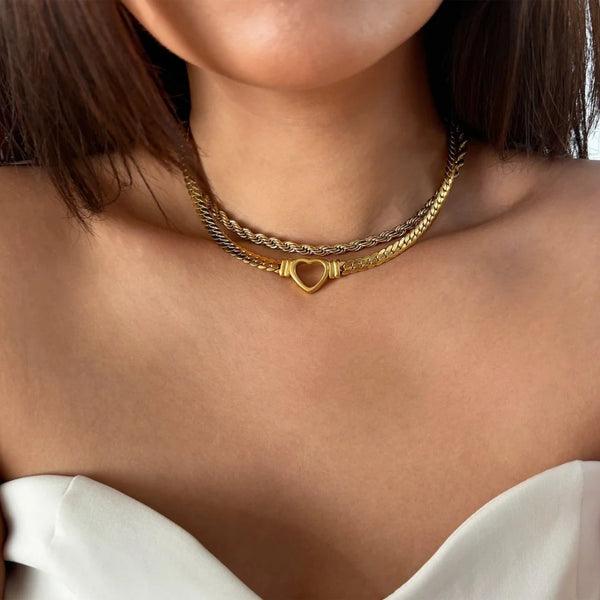 Heart Chain Necklace worn by a model in an off-shoulder white top, close-up, waterproof gold chain necklace
