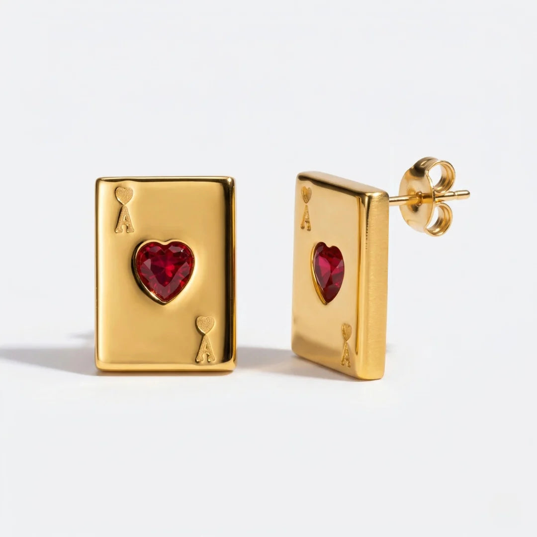 Ace of Hearts Earrings, pair on white, angled view, 18K gold PVD