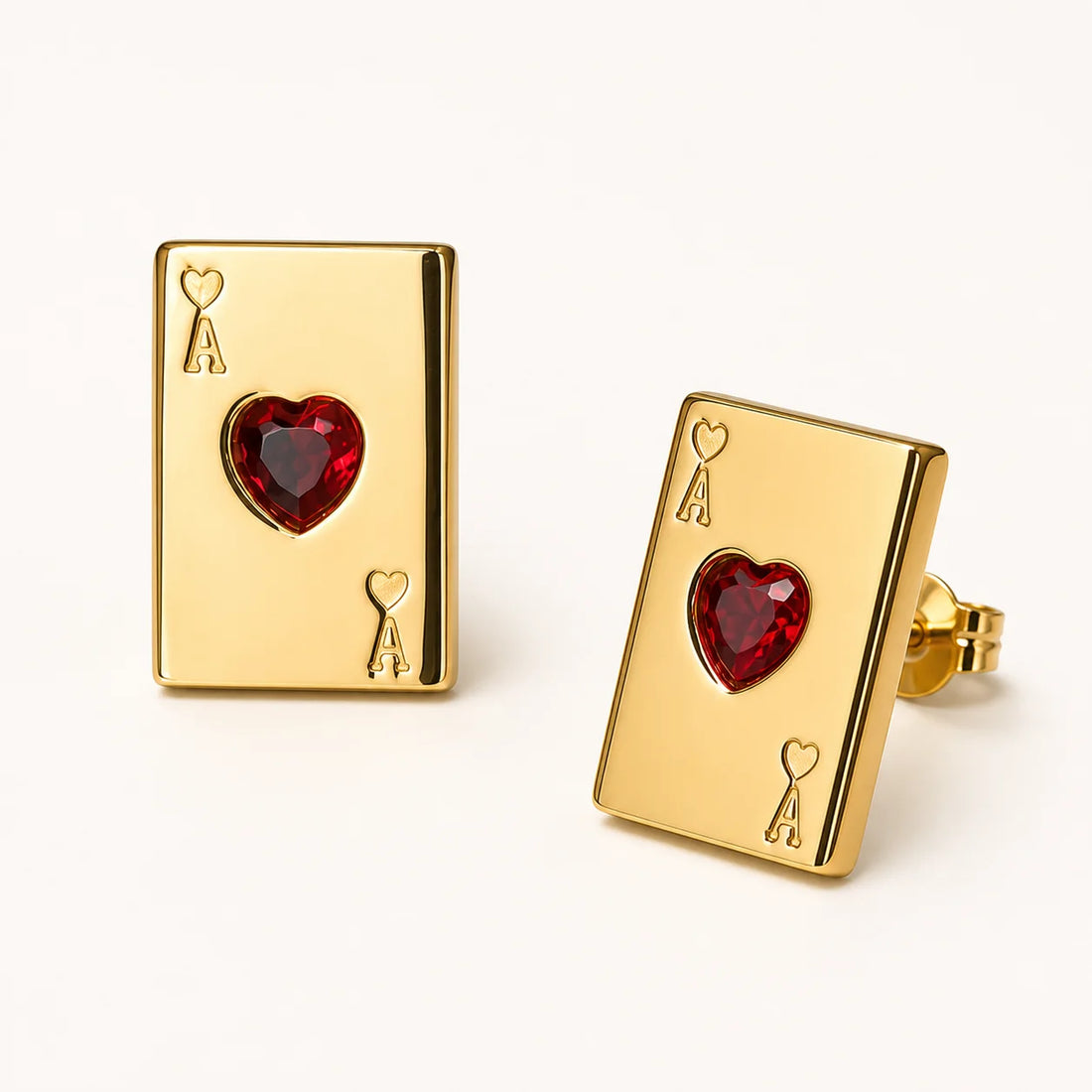 Ace of Hearts Earrings – waterproof stud earrings for women, playing-card studs with red heart stones, anti-tarnish 18K gold PVD | Priskel Jewellery