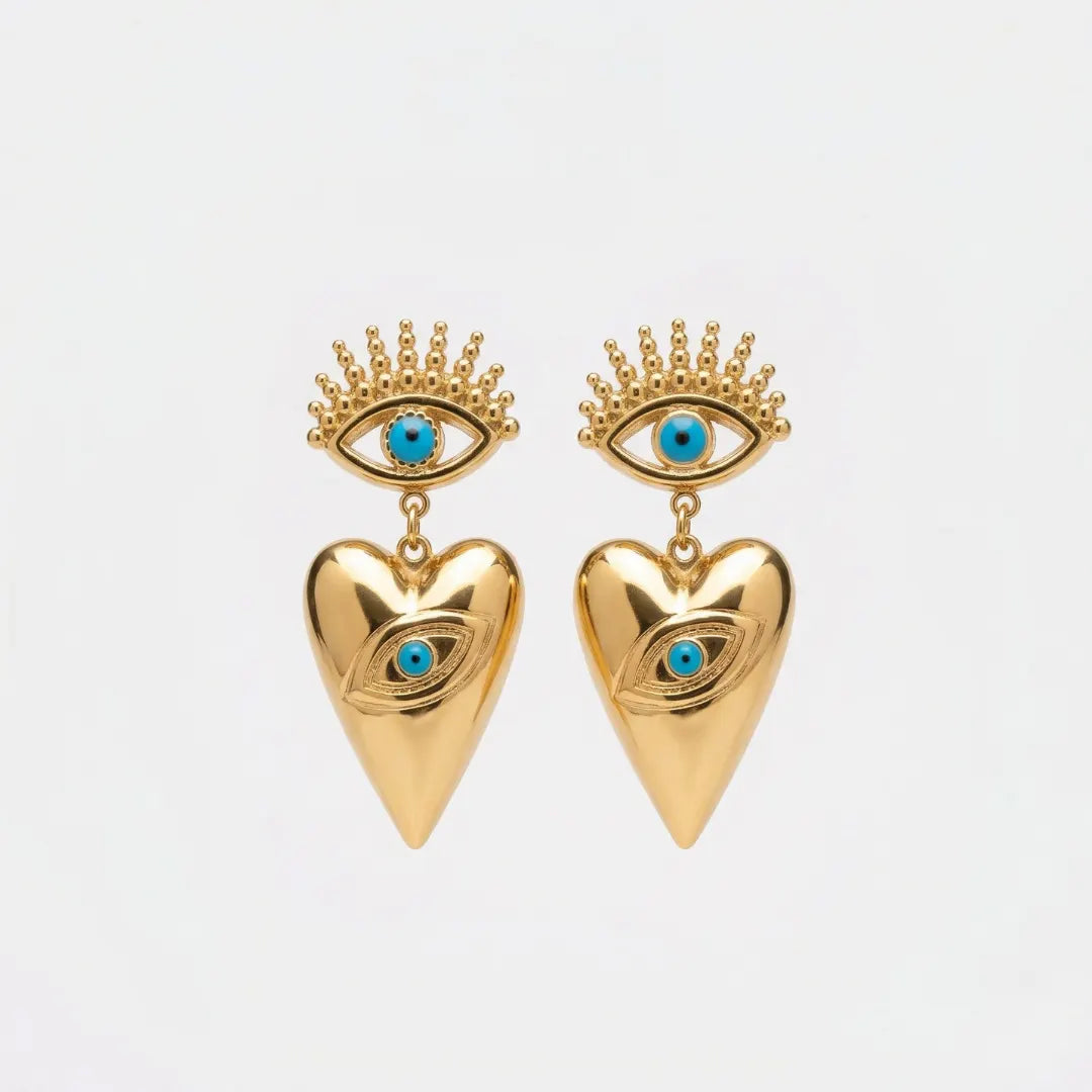 Astra Evil Eye Heart Earrings, pair on white, front view – sweatproof, hypoallergenic evil eye earrings