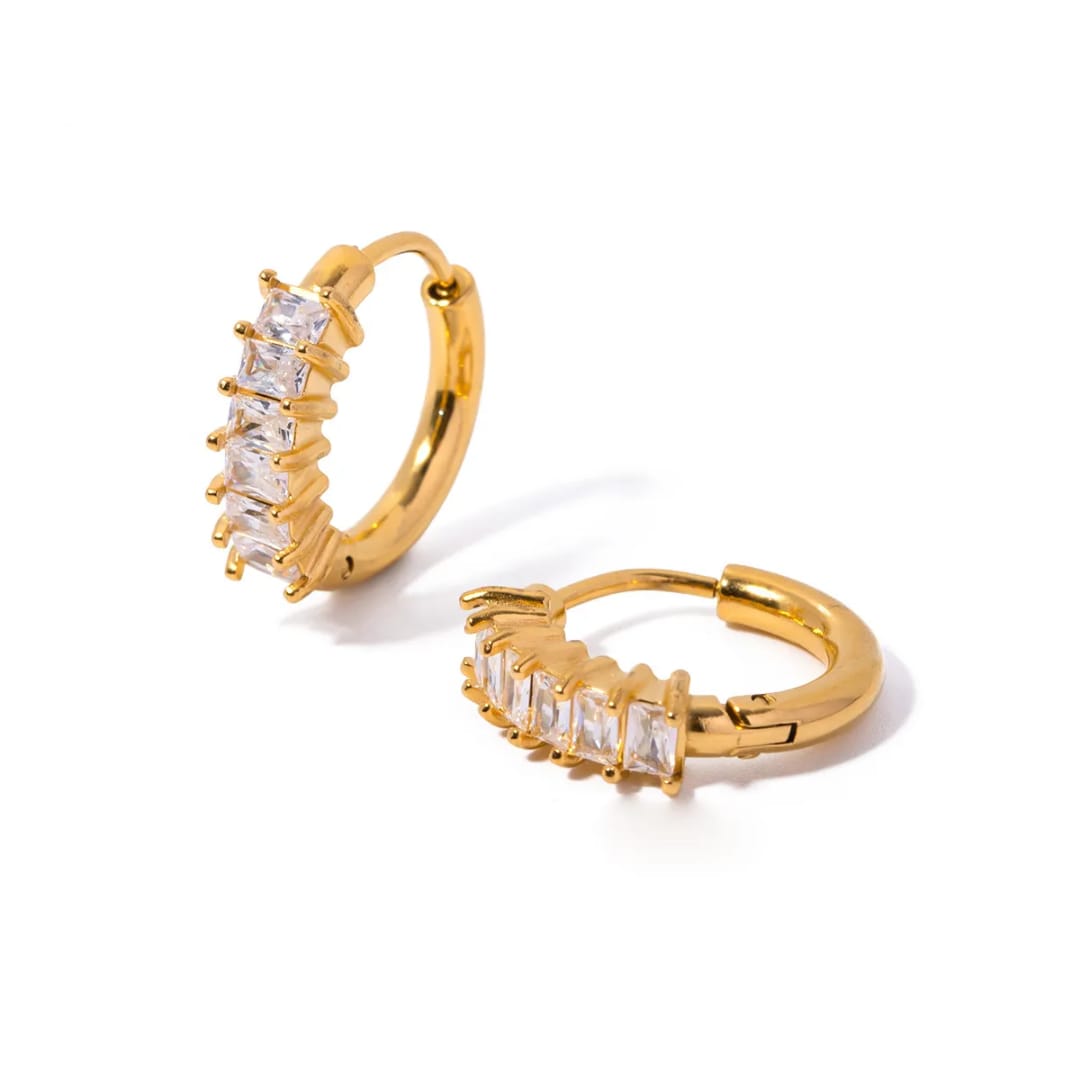 Aurelia Baguette Huggies, pair on white, one open to show the hinge – anti-tarnish huggie earrings for daily wear