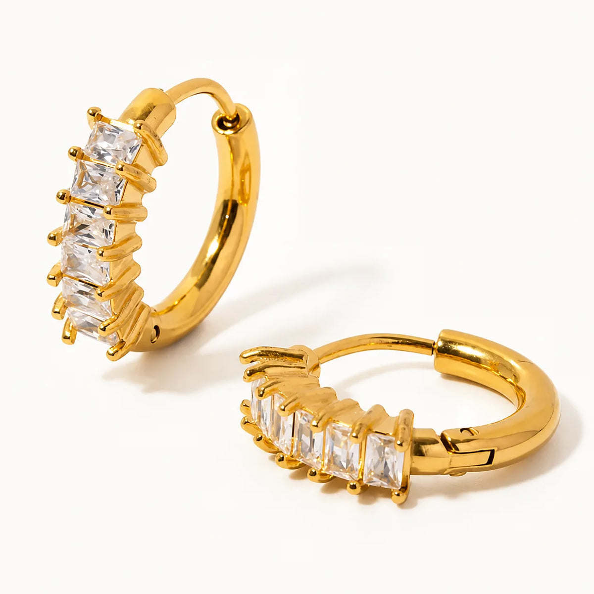 Aurelia Baguette Huggies – waterproof huggie earrings for women, huggies set with baguette crystals, anti-tarnish 18K gold PVD | Priskel Jewellery