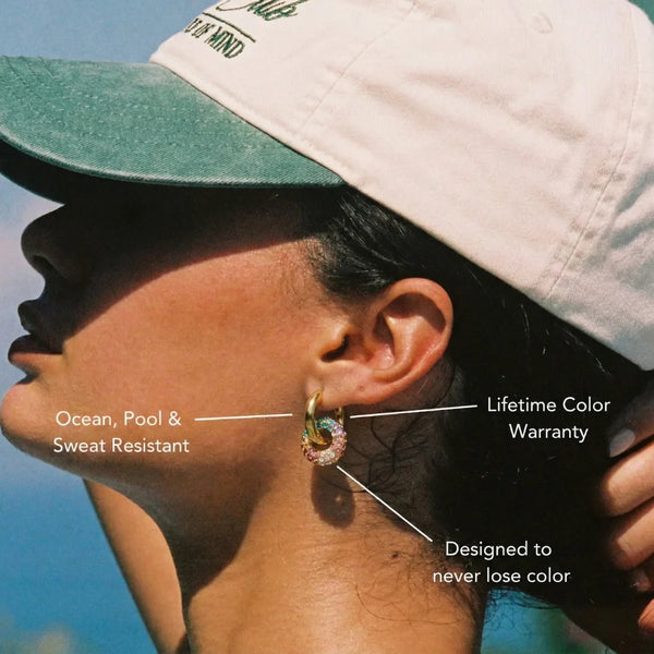 Aurora Prism Huggies worn by a model in a cap, with labelled details – size and material details