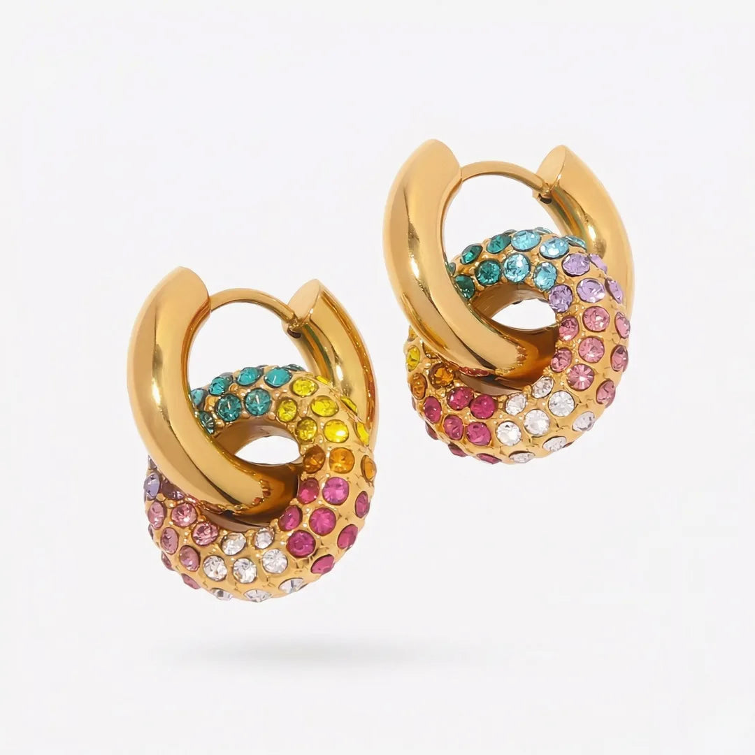 Aurora Prism Huggies – waterproof huggie earrings for women, chunky huggies set with multicolour stones, anti-tarnish 18K gold PVD | Priskel Jewellery