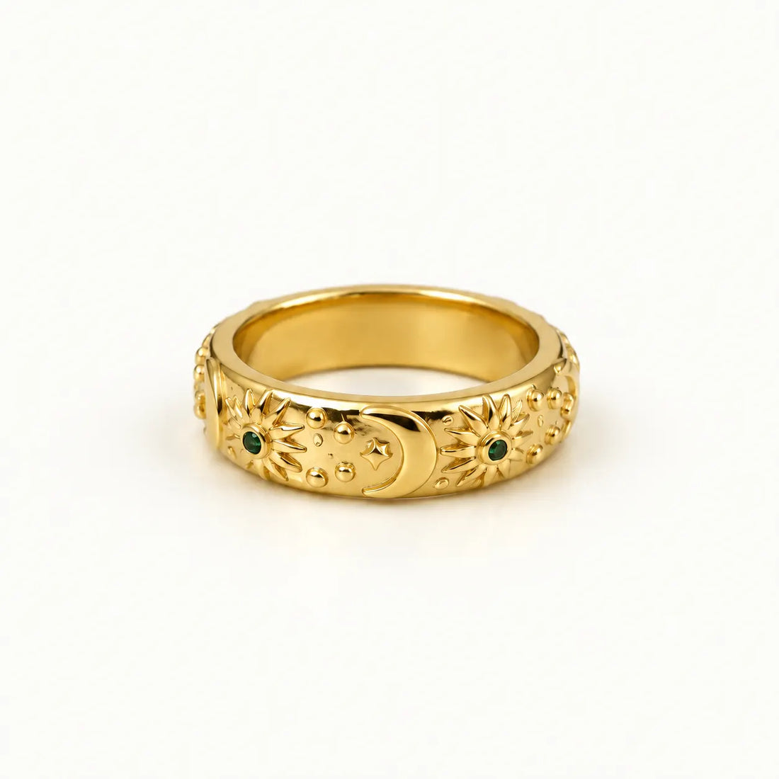 Celestial Emerald Ring, side view of the band showing the sculpted sky motifs, waterproof gold ring