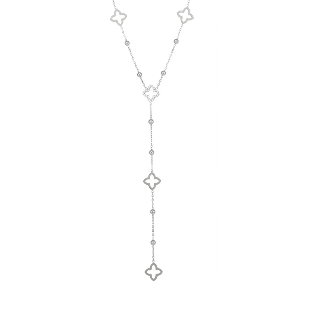 Clover Lariat Necklace silver version laid out on white, silver-tone stainless steel