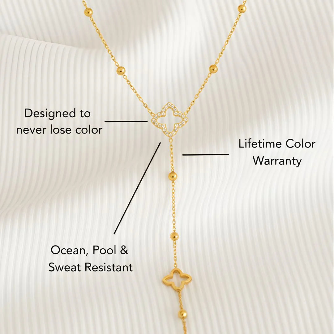 Clover Lariat Necklace on white with labelled details – size and material details