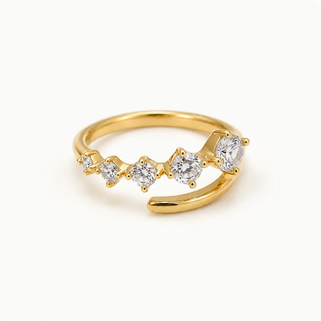Crystal Ascent Ring – waterproof open ring for women, five graduated crystals on an open band, anti-tarnish 18K gold PVD | Priskel Jewellery