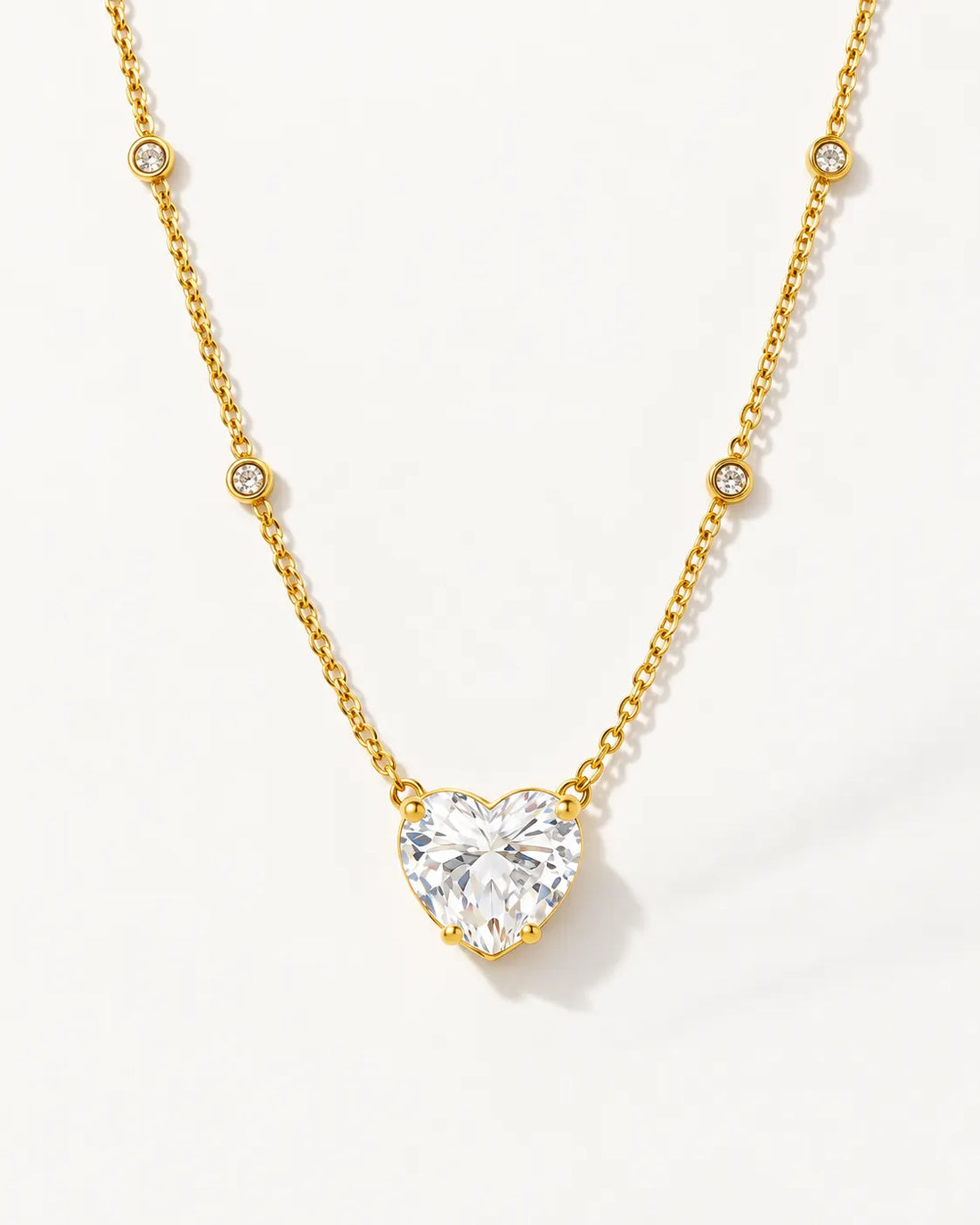 Crystal Heart Necklace on white, heart-cut crystal pendant on a fine chain, waterproof gold heart necklace