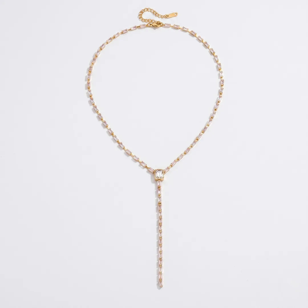 Crystal Y Necklace laid out on white showing the Y drop – Y necklace you can wear in the shower