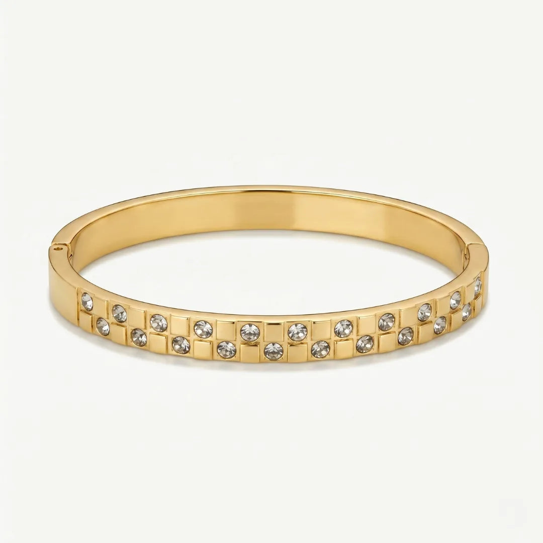 Double Row Crystal Bangle, side view on white – anti-tarnish bangle for daily wear