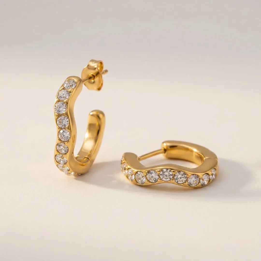 Elara Pavé Hoops, pair on white, one hoop side-on – anti-tarnish hoop earrings for daily wear
