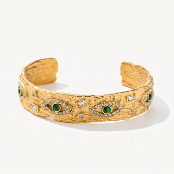 Evil Eye Cuff Bracelet – waterproof cuff bracelet for women, textured cuff with evil eye motifs, anti-tarnish 18K gold PVD | Priskel Jewellery