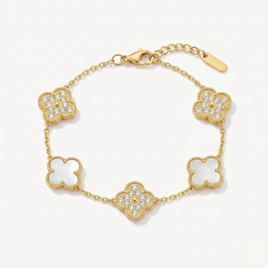 Five Clover Bracelet laid out on white with five white clover motifs – anti-tarnish clover bracelet for daily wear
