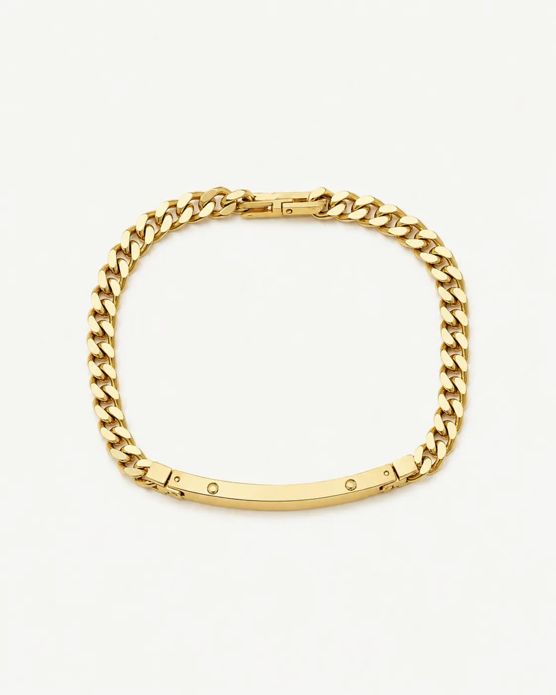 Form ID Curb Bracelet laid out on white showing the ID bar, waterproof gold men's curb bracelet