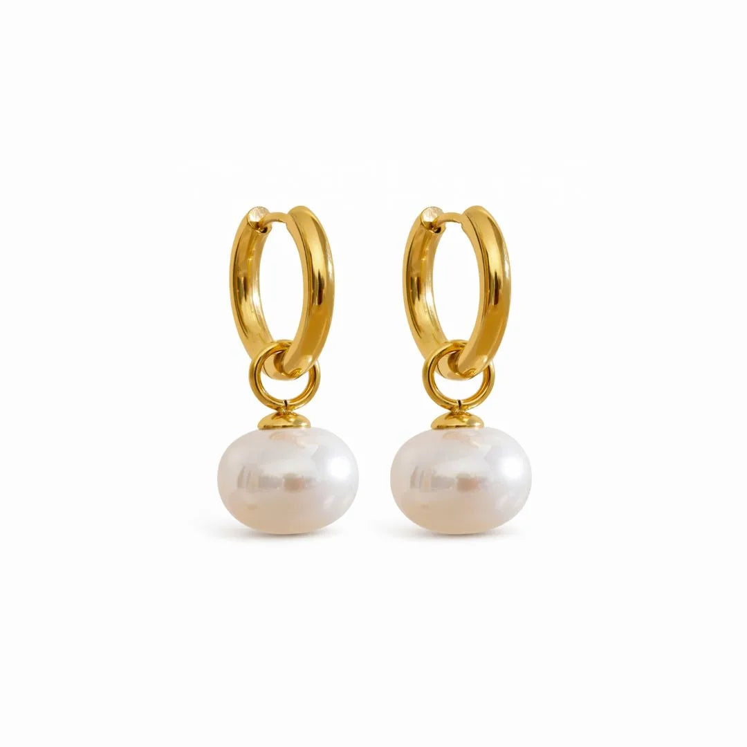 Freshwater Drop Pearl Hoop Earrings, pair on white, front view, 18K gold PVD