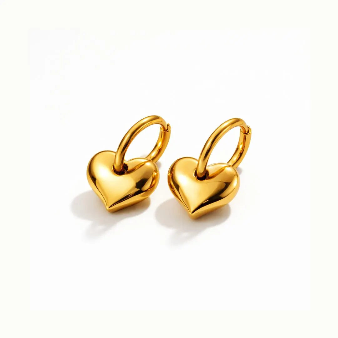 Gold Heart Hoop Earrings, pair on white, side view – sweatproof, hypoallergenic hoop earrings