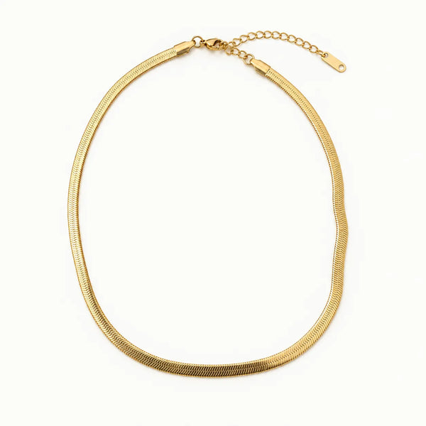 Golden Herringbone Necklace – chain with extender laid flat on white, 18K gold PVD