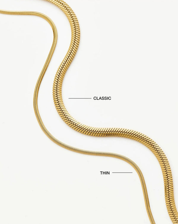 Golden Herringbone Necklace in two chain widths with measurement labels – size and material details