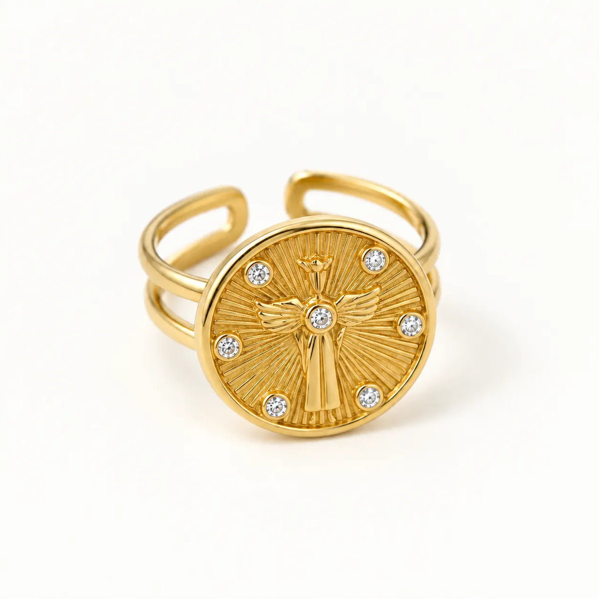 Guardian Angel Coin Ring – waterproof open ring for women, winged sunburst coin with six stones on an open band, anti-tarnish 18K gold PVD | Priskel Jewellery