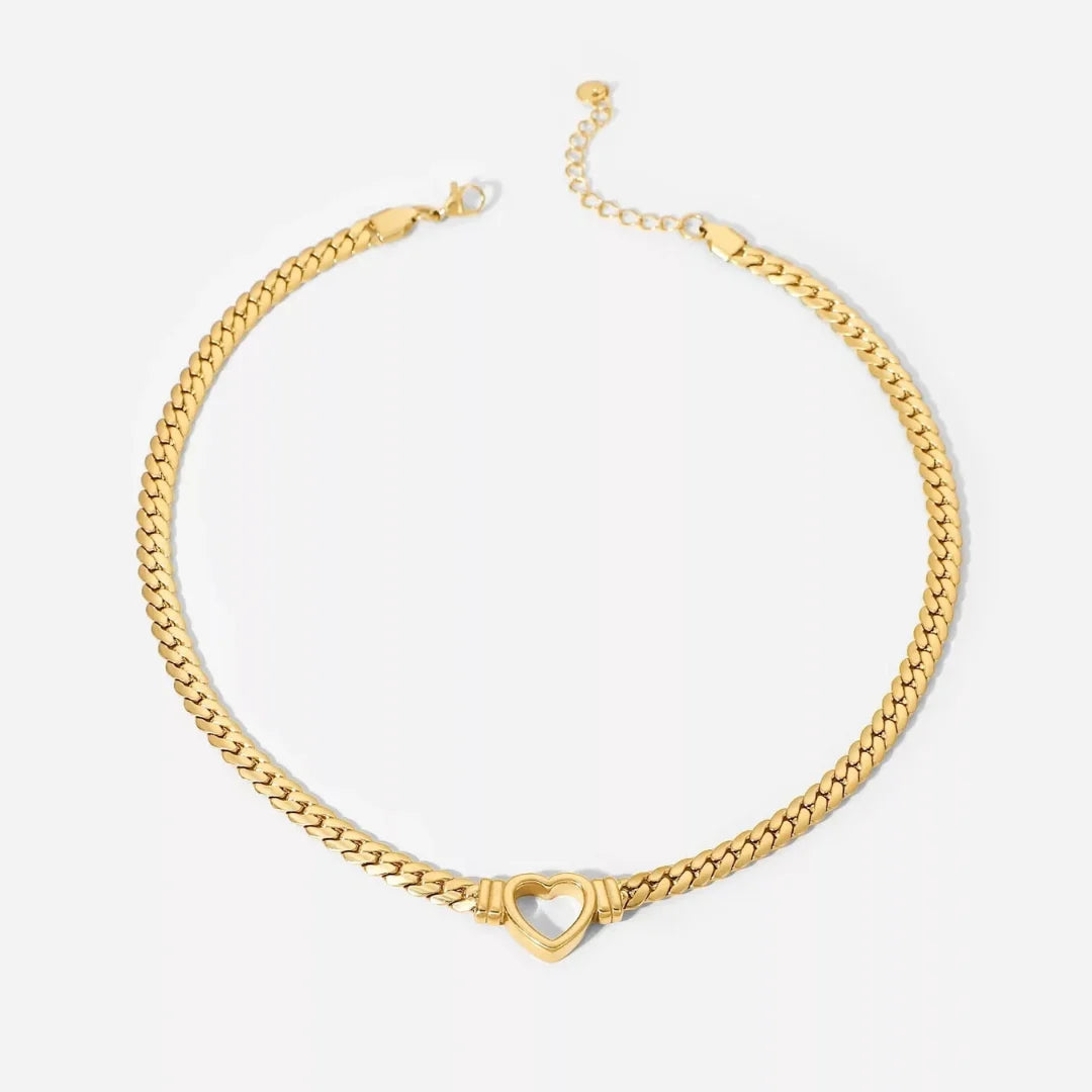 Heart Chain Necklace laid out on white showing the heart clasp, waterproof gold chain necklace