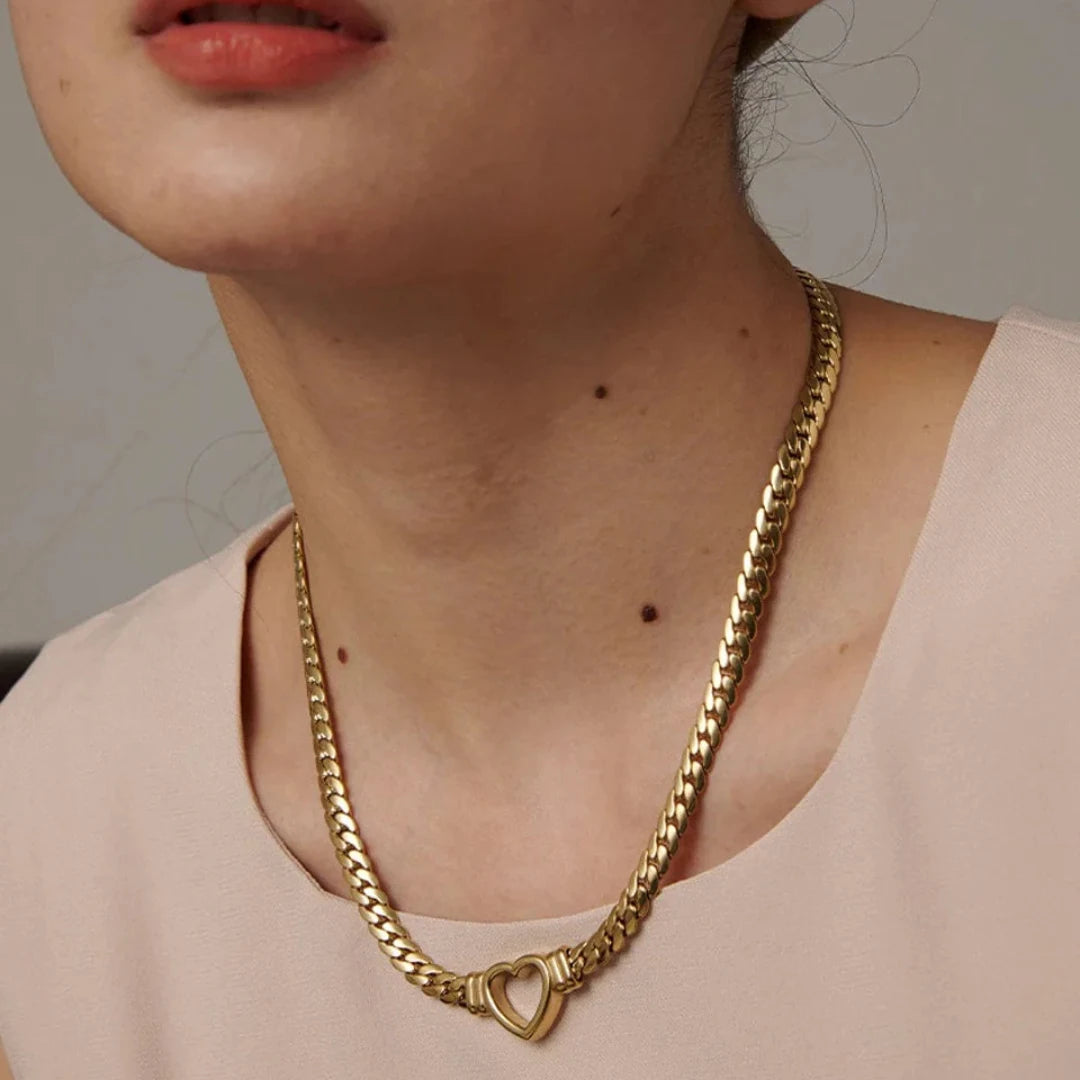 Heart Chain Necklace worn by a model in a nude top, close-up – anti-tarnish chain necklace for daily wear