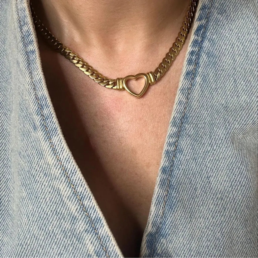 Heart Chain Necklace worn with a denim shirt, close-up on the heart – sweatproof, hypoallergenic chain necklace