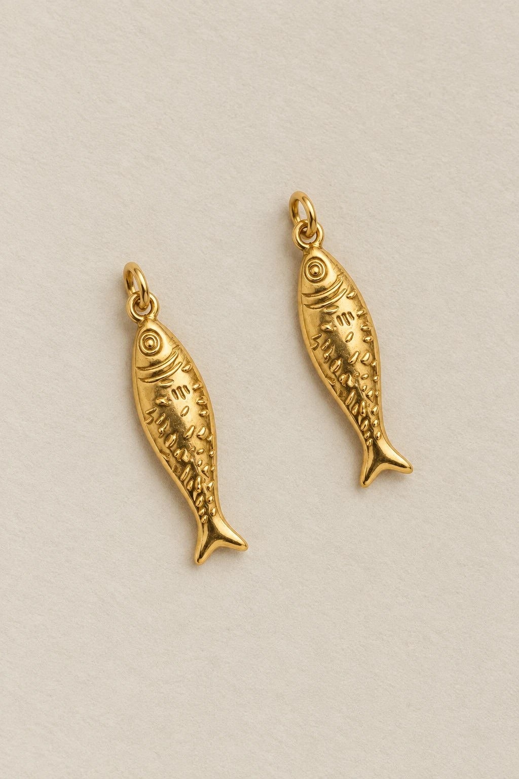 Lucky Fish Charm, pair of fish charms side by side, waterproof gold charm