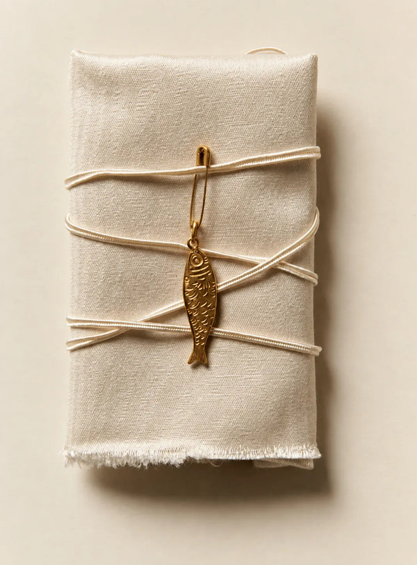 Lucky Fish Charm tied onto a wrapped parcel with string, waterproof gold charm