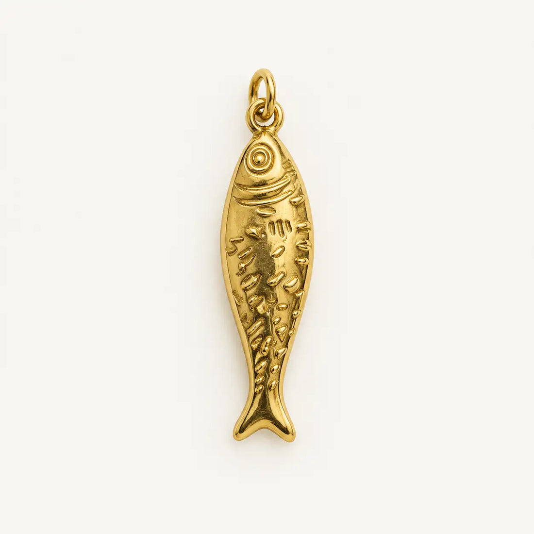 Lucky Fish Charm – waterproof gold charm, textured gold fish, anti-tarnish 18K gold PVD | Priskel Jewellery