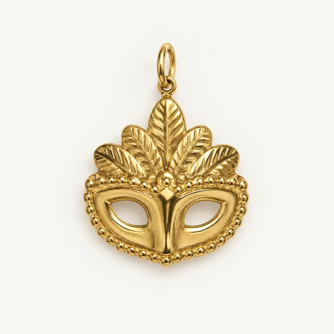 Masquerade Mask Charm – waterproof gold charm, mask with a feathered crown and beaded trim, anti-tarnish 18K gold PVD | Priskel Jewellery