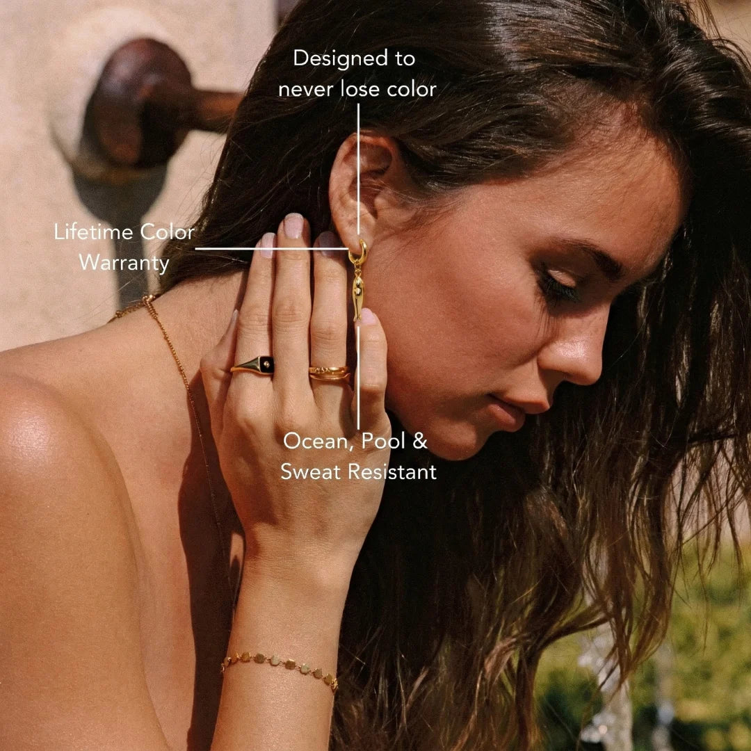 Matsya Hoops worn by a model with labelled details – size and material details