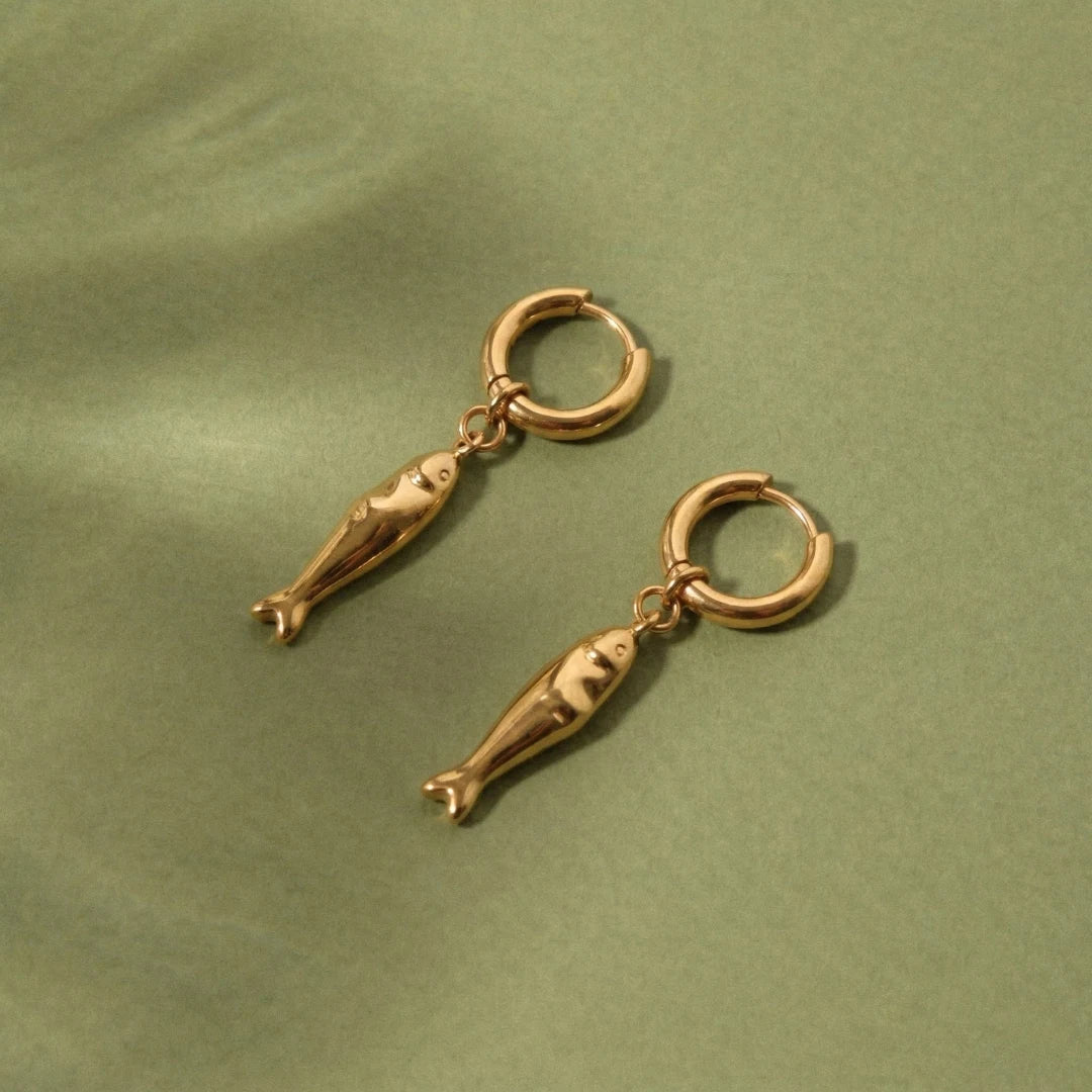 Matsya Hoops pair on sage-green fabric – anti-tarnish hoop earrings for daily wear