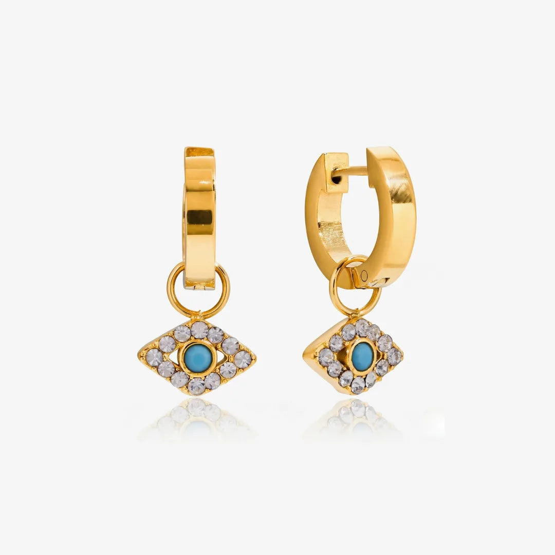 Nazar Charm Hoops, pair on white, front view – evil eye earrings you can wear in the shower