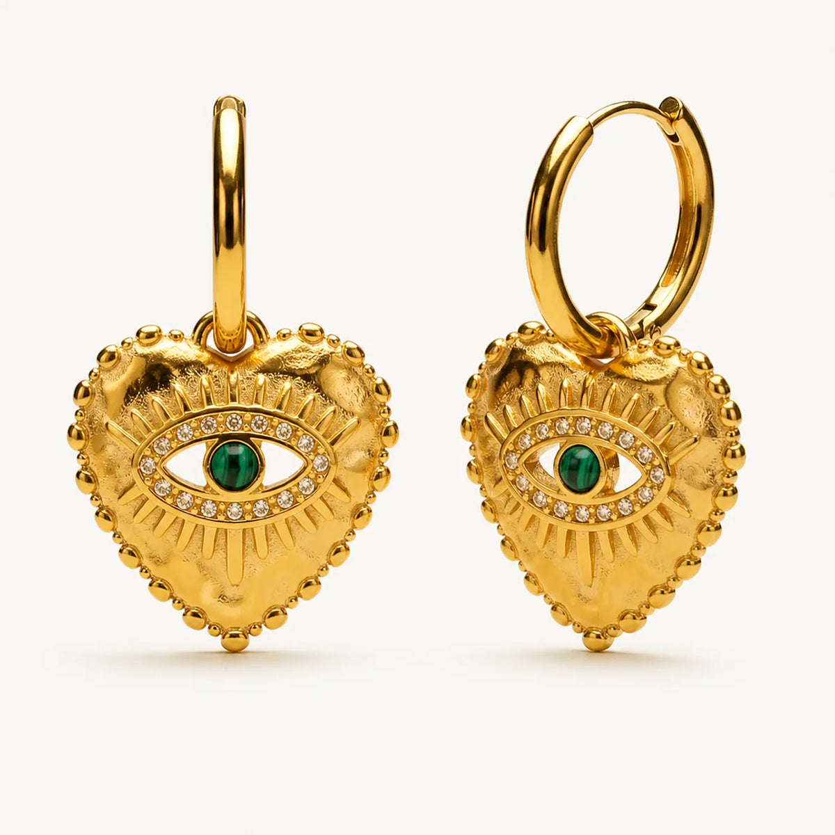 Nazar Heart Hoops – waterproof evil eye earrings for women, textured heart charms with green evil eye on gold hoops, anti-tarnish 18K gold PVD | Priskel Jewellery