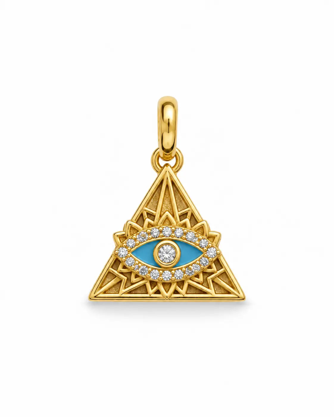 Nazar Pyramid Charm – waterproof gold charm, gold pyramid lattice with a blue evil eye and pavé rim, anti-tarnish 18K gold PVD | Priskel Jewellery