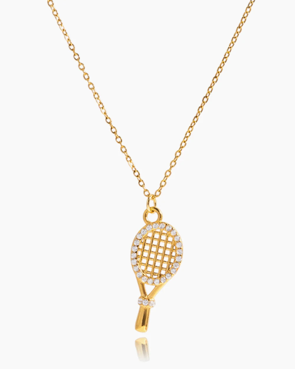 Pavé Tennis Racket Charm hanging from a fine gold chain necklace – anti-tarnish charm for daily wear