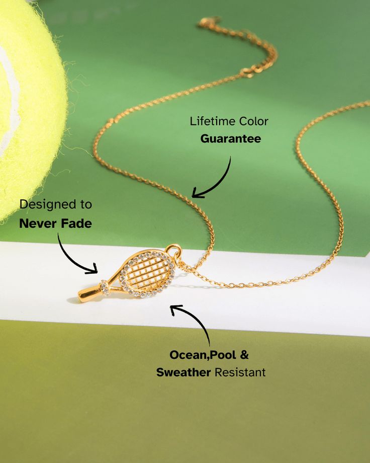 Pavé Tennis Racket Charm infographic labelling the charm and chain – size and material details