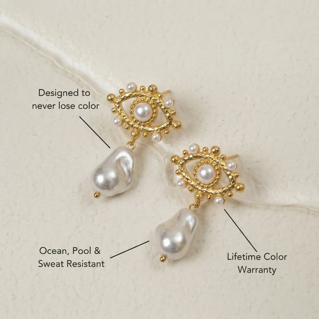 Pearl Nazar Drop Earrings pair on white with labelled details – size and material details