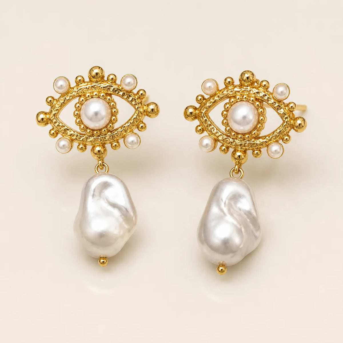 Pearl Nazar Drop Earrings – waterproof drop earrings for women, textured nazar studs with baroque pearl drops, anti-tarnish 18K gold PVD | Priskel Jewellery