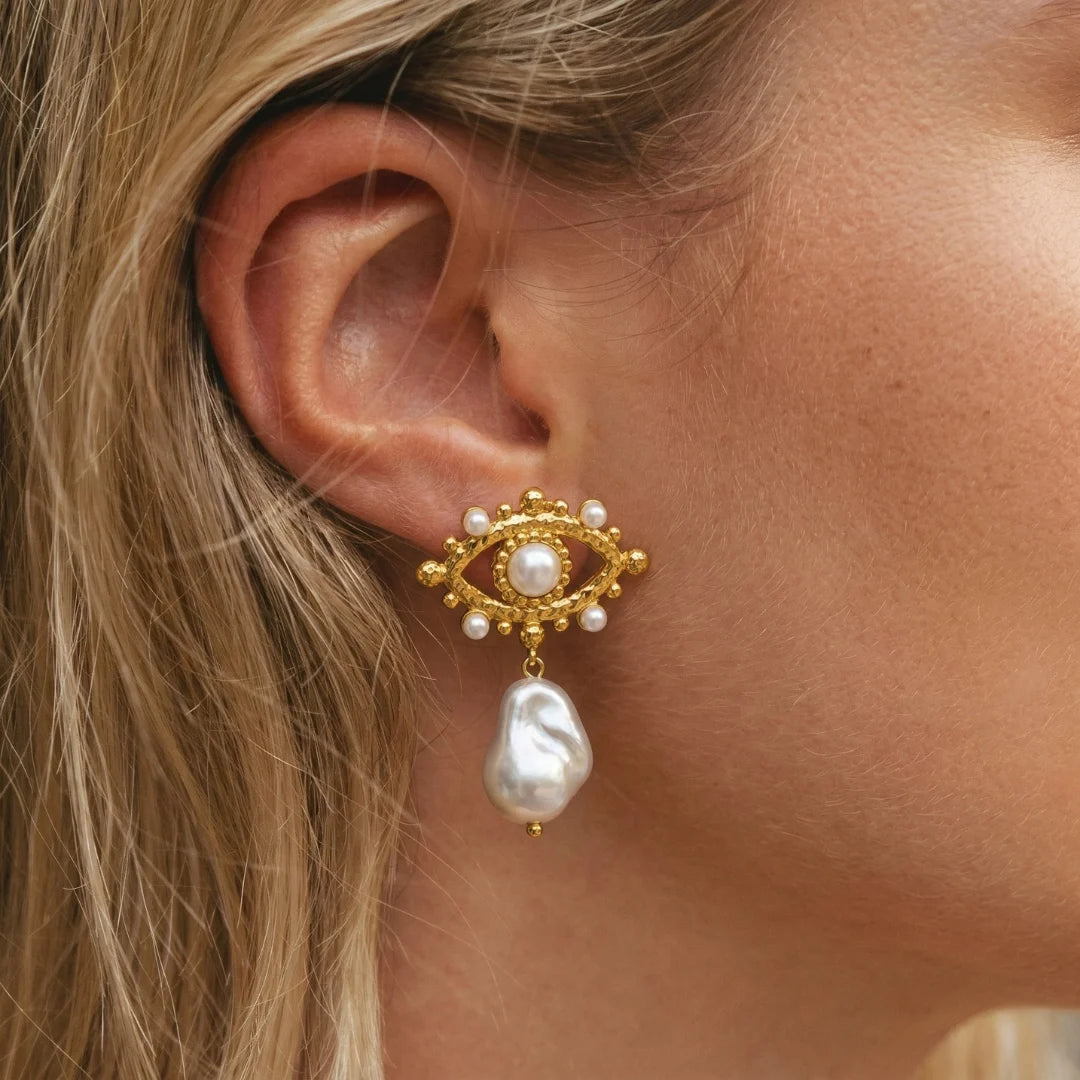 Pearl Nazar Drop Earrings worn on the ear, close-up on the pearl drop – anti-tarnish drop earrings for daily wear