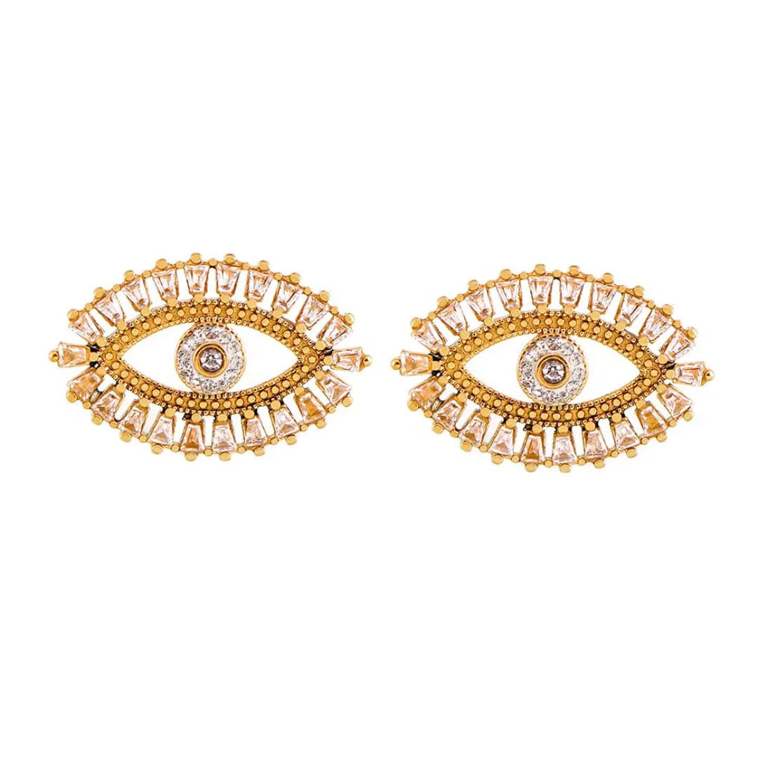 Radiant Nazar Earrings, pair on white, front view – anti-tarnish evil eye earrings for daily wear