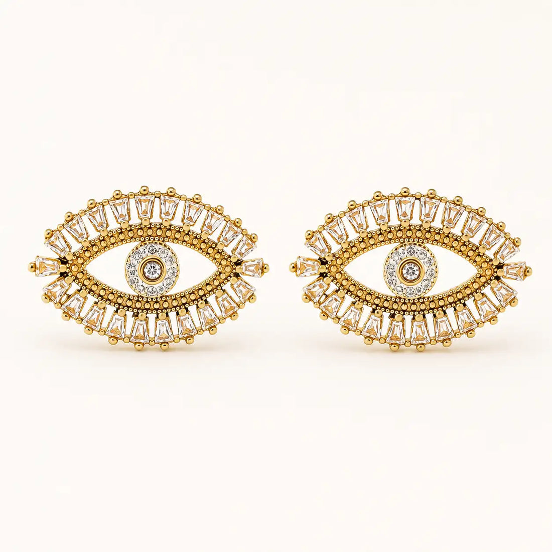 Radiant Nazar Earrings – waterproof evil eye earrings for women, evil eye studs with a crystal halo, anti-tarnish 18K gold PVD | Priskel Jewellery