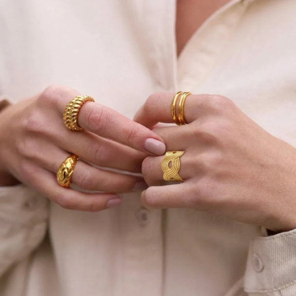 Tidal Wave Ring worn stacked with other gold rings – anti-tarnish open ring for daily wear