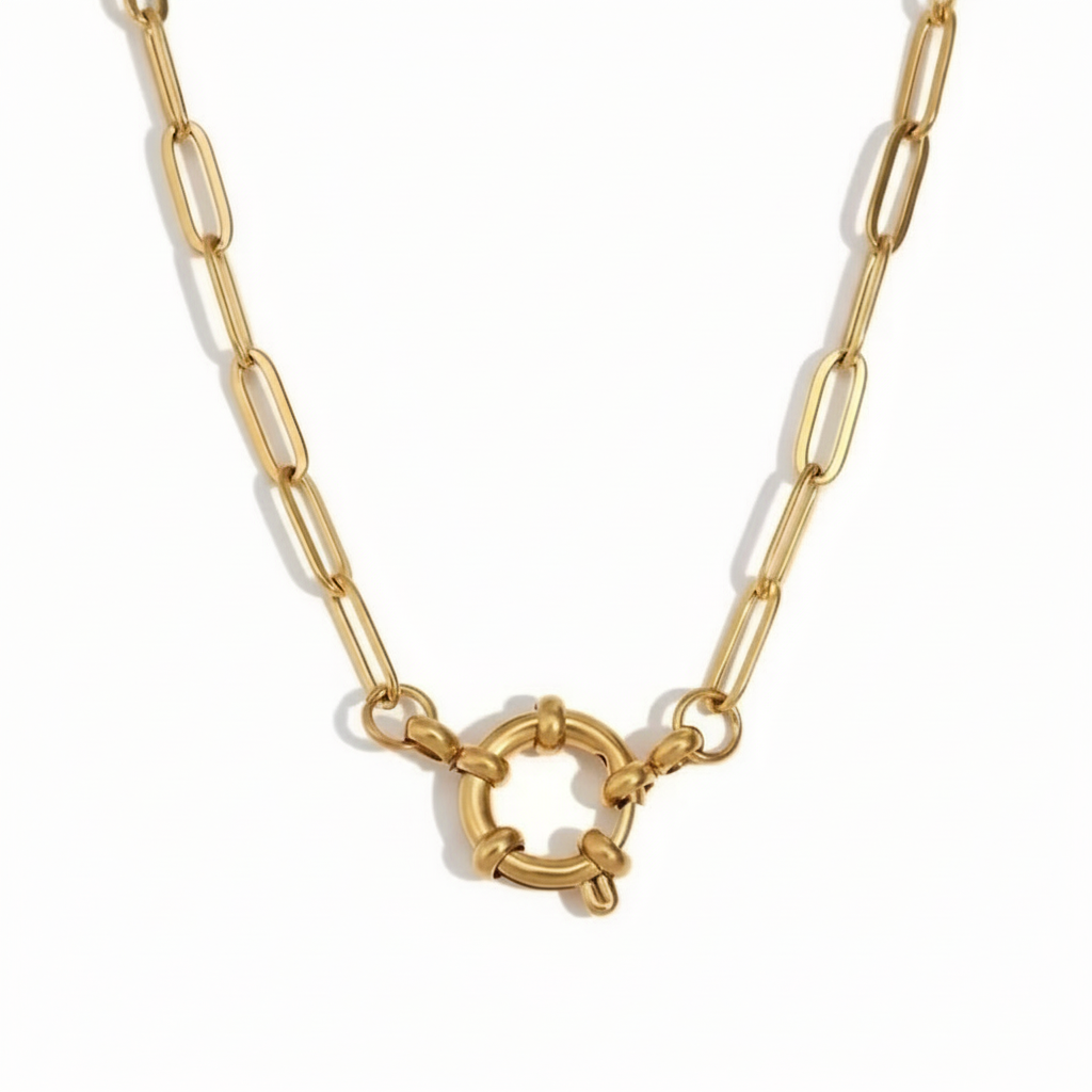 Toggle Link Necklace laid out on white showing the front toggle – anti-tarnish link necklace for daily wear