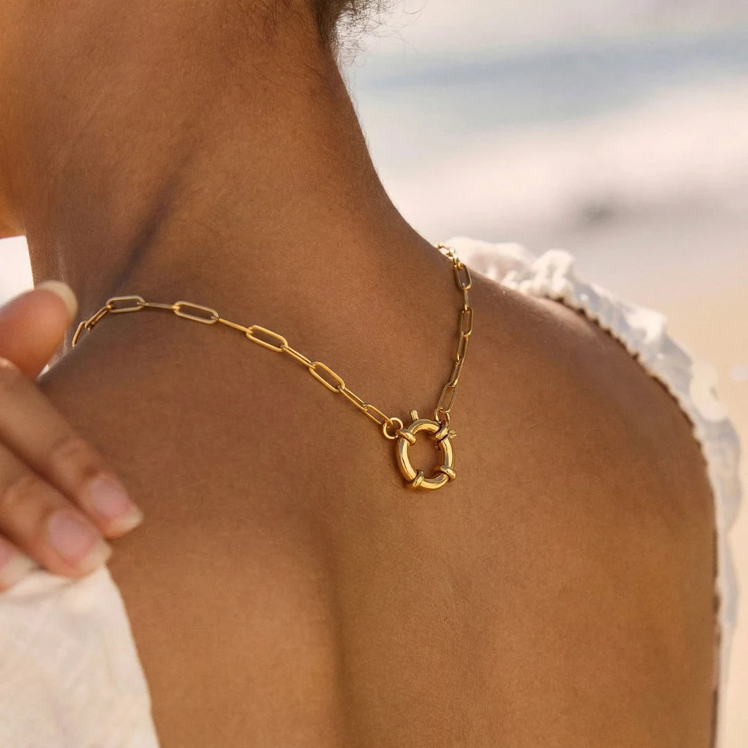 Toggle Link Necklace worn on the neckline outdoors