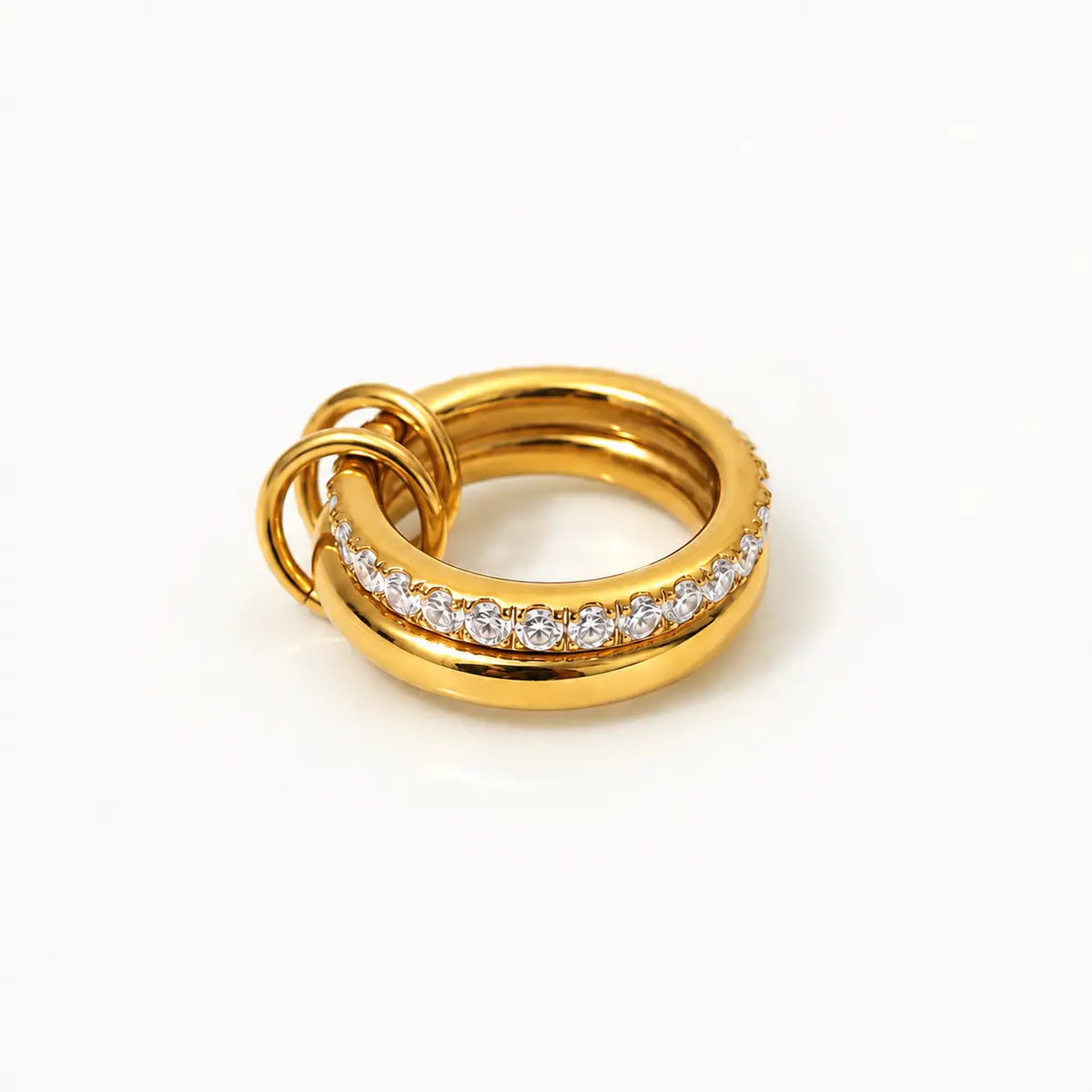 Trinity Pavé Ring – waterproof stacked ring for women, three interlocking bands, one channel-set with stones, anti-tarnish 18K gold PVD | Priskel Jewellery