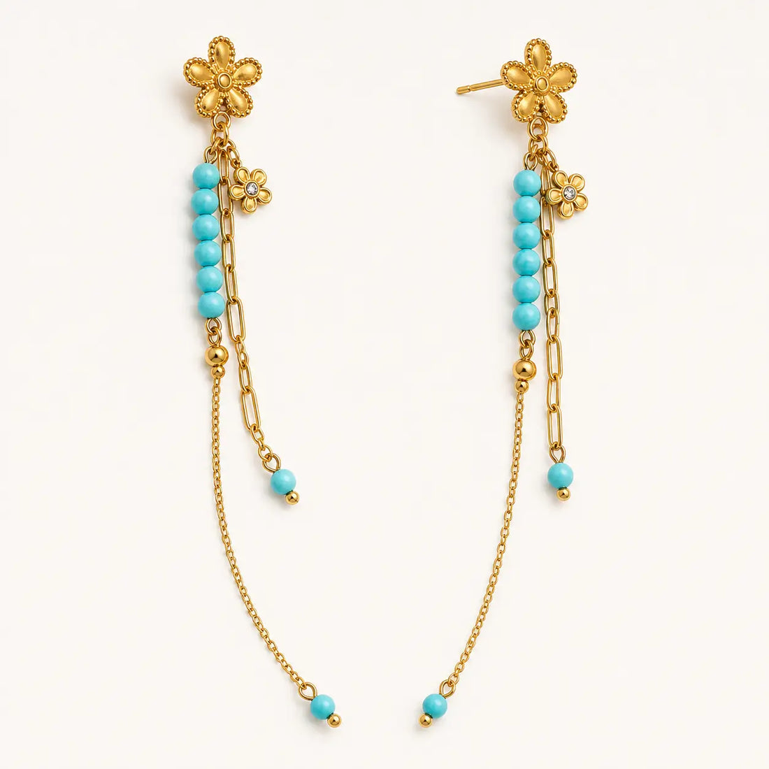 Turquoise Bloom Drop Earrings, pair on white, full-length view – anti-tarnish drop earrings for daily wear